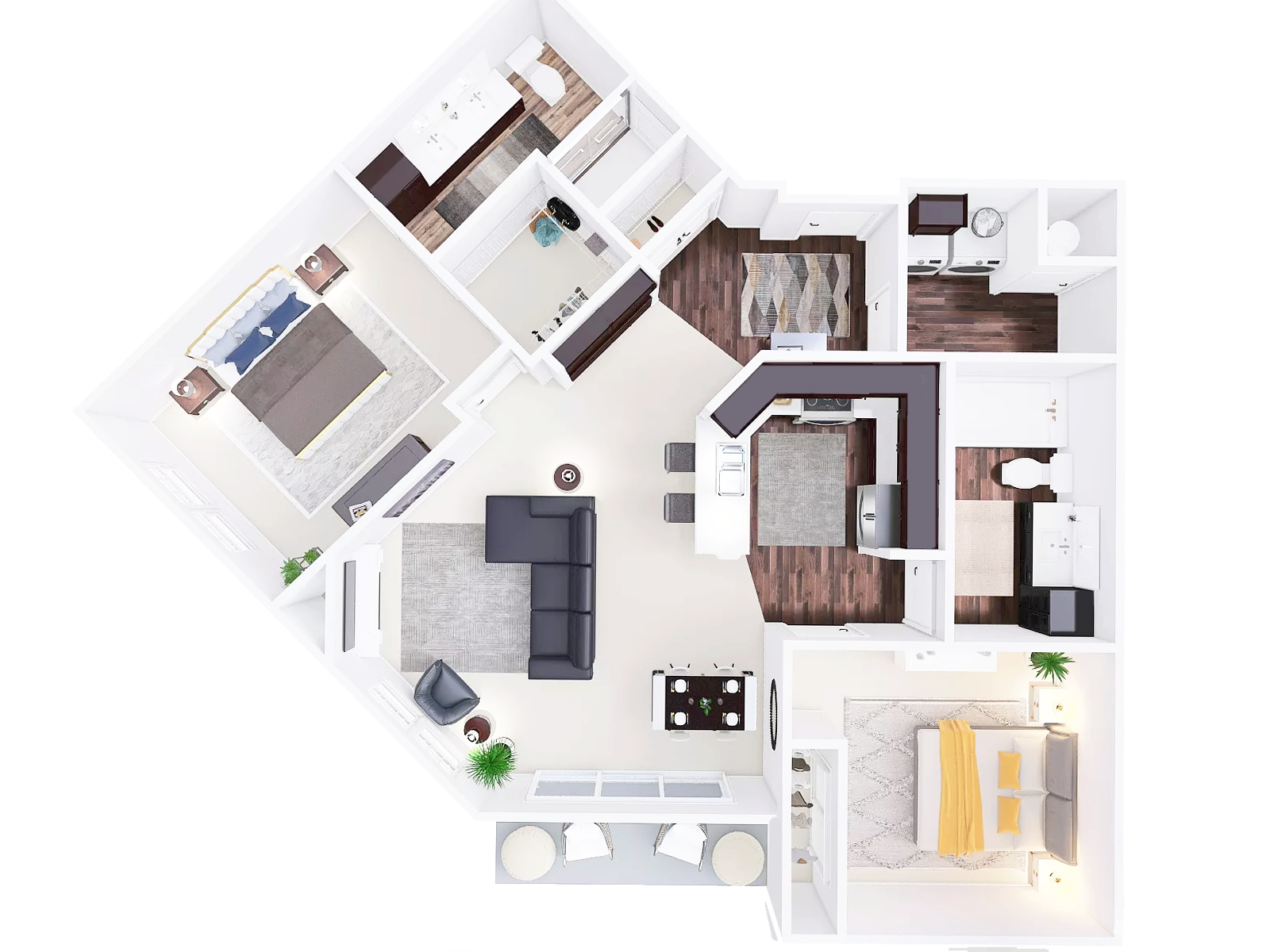 Floor plan for 2 beds, 2 baths, 1233 sqft